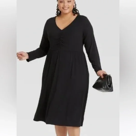 Women's Plus Size Long Sleeve Ruched Bodice Dress - Ava & Viv Black 3x